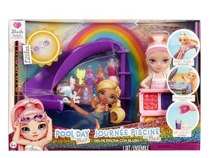 Rainbow High Littles Pool Day mit Blush-Spielset - mit Einer Kleinen 14 cm Rosa Puppe, Pool mit Regenbogenrutsche, Zubehör, Smoothie-Stand, für Kinder ab 4 Jahren