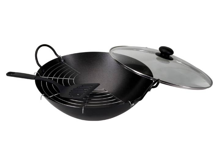 Wok, Stahl, Ø 35 cm, mit 2 Griffen, Glasdeckel