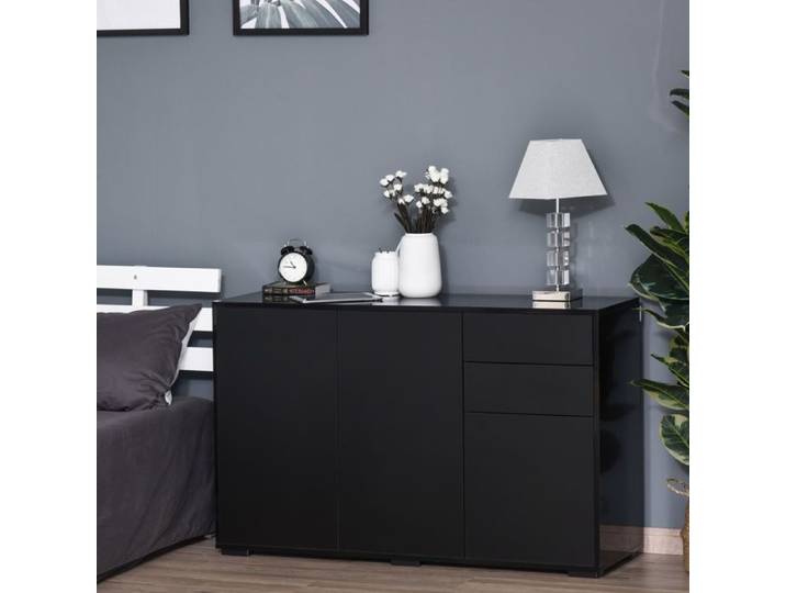 Buffet de salon - 117 x 36 x 74 cm - 3 portes - 2 tiroirs - Finition brillante et mate