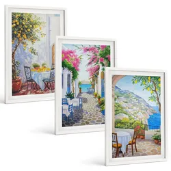 BILDER SET 3er Set - 40x60 cm Weißer Rahmen - Charmante Straßen, Pflanzen, Meer