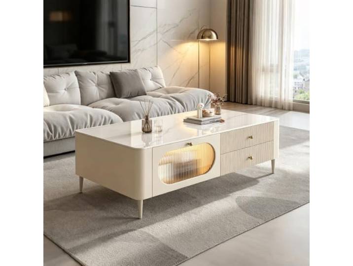 Cremeweißer Mitteltisch aus Kunstmarmor, Design mit Schublade und Ablage Moderner ovaler Couchtisch mit verstecktem Stauraum(High-legged,39.37x18.50in)