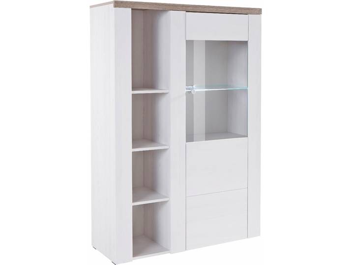 Vitrine GOODPRODUCT Larona, zeitlose Glasvitirne, Hochschrank Höhe 145 cm , weiss (sibiu weiß, eichefarben sägerau dunkel), B:100cm H:145cm T:37,1cm, Schränke, Vitrine, Stauraumvitrine mit dekorativer Rahmenoptik