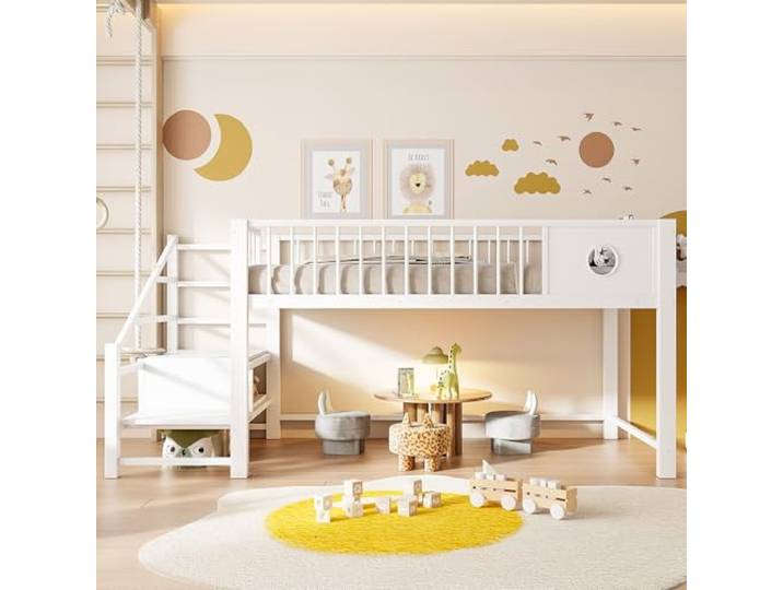 Bellemave Niedrig-Hochbett 90x200cm,Kinderbett mit Stauraum,Metall Weiß Stauraum-Leiter mit Fächern, umlaufendes Sicherheitsgeländer, belastbar bis 120 kg, 2-Paket-Lieferung, ohne Matratze