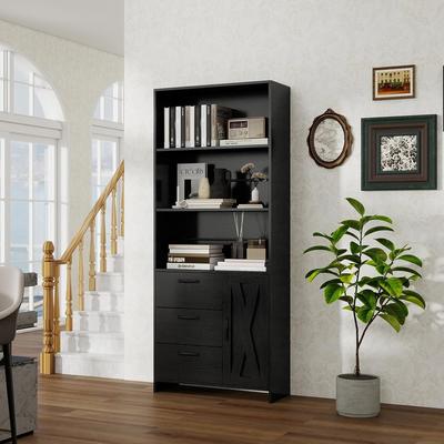 Garvee "71"" 6-Tier Black Bookshelf with Door & 3 Drawers, Modern"