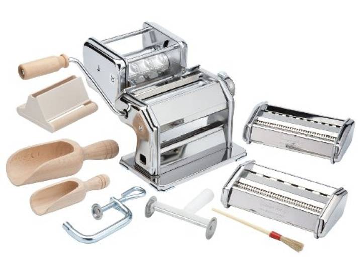 Imperia The Pasta Factory, 9-teiliges Pasta-Set mit Nudelmaschine und Zubehör, inklusive Ravioli-Teigrad, Holzmehlschaufeln, Backpinsel, 1 Set, Silver