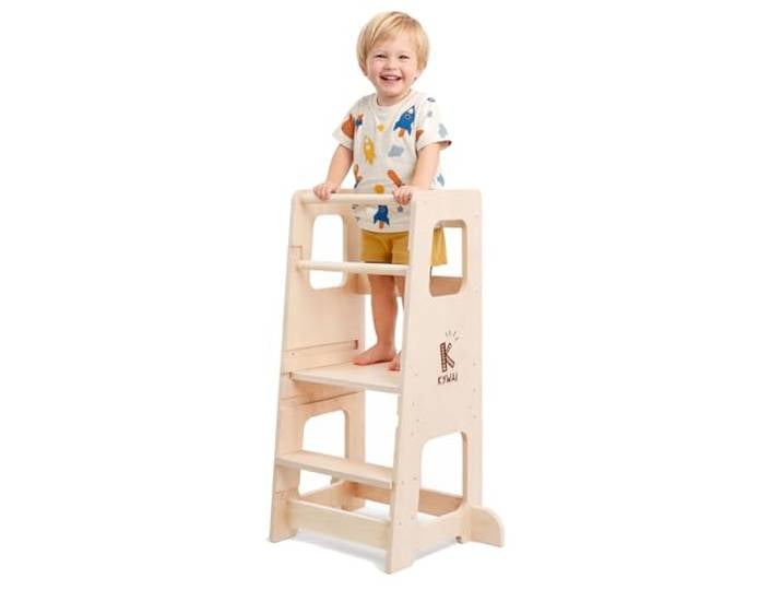 KYWAI Lernturm ab 1 Jahr Montessori, 3 Höhen Verstellbar, Doppelte Barriere 90 cm für die Arbeitsplatte (nicht 80 wie andere), 1 bis 6 Jahre, eine Barriere abnehmbar, robustes Holz, abgerundete Kanten