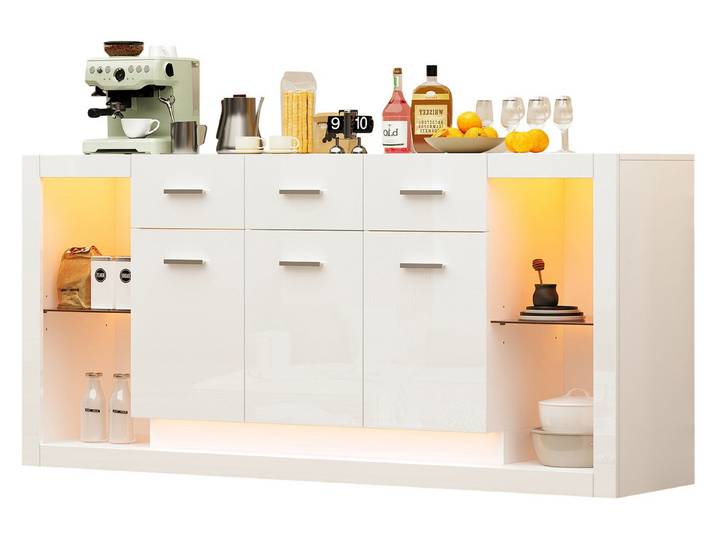 SeedWave Sideboard Kommode mit Hochglanzfronten, 160cm Arbeitsplatte, LED-Beleuchtung, 3× Schubladen, Glasablagen, offene & geschlossene Fächer