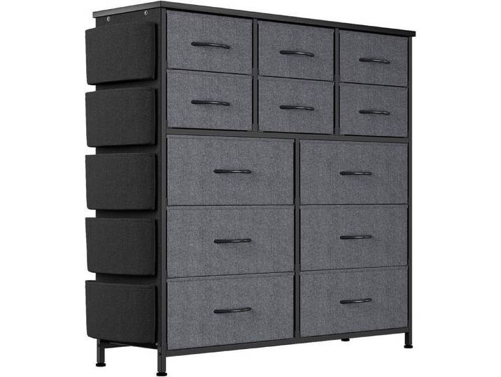Commode - PROMIRACAL - Commode 12 tiroirs - Tissu gris - Cadre métal - 99x30x110 cm