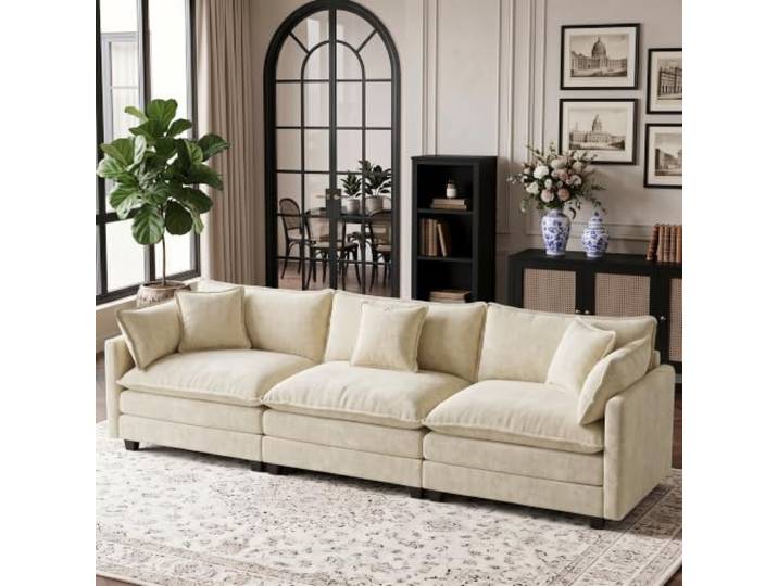 SoarFlash Modulares Sofa 3-Sitzer, 289 cm, Chenille beige, mit Kissen Frei kombinierbares modulares Sofa aus Chenille mit Armlehnenpaneelen, ideal für Wohnhäuser und Wohnungen.