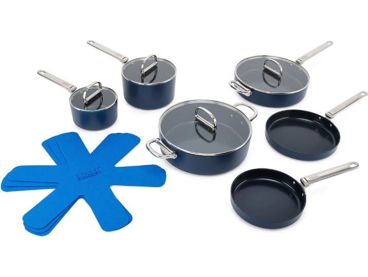 Pfannen-Set JOSEPH JOSEPH Space 6-teiliges Antihaft-Kochgeschirrset , blau, Pfannen, mit Klappgriffen