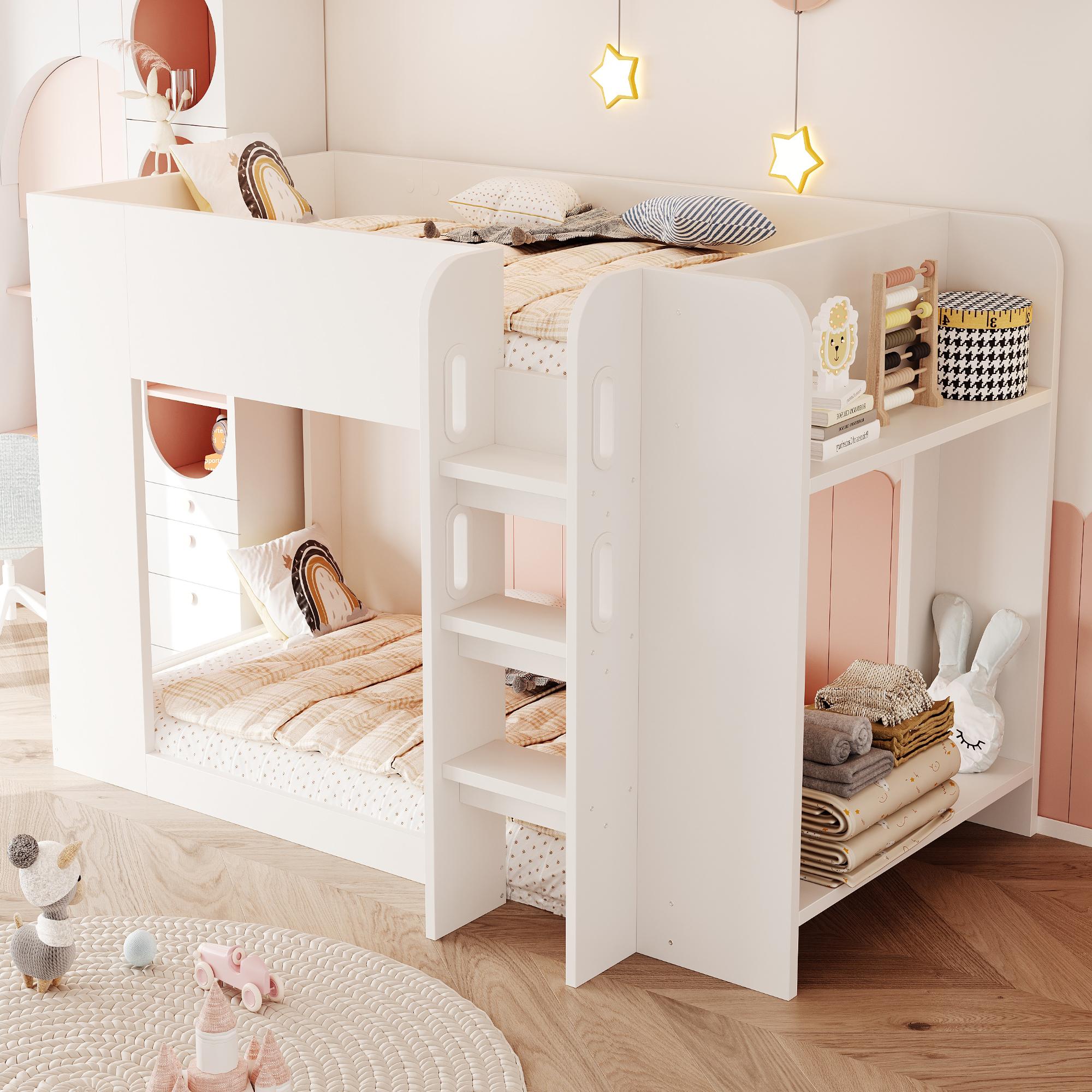 okwish Etagenbett 90×200 mit Schutzgitter,seitlichen Ablagefächern, Holzbett mit Leiter,Kinderbett in Weiß.ohne Matratze