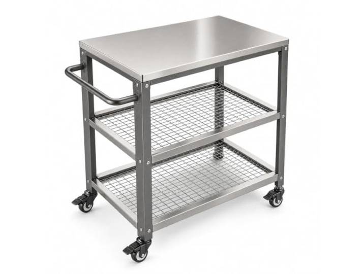 Rollbarer Grillwagen für Garten und Küche mit Edelstahl-Arbeitsplatte, seitlichem Griff, 4 Rädern und 2 Gitterablagen für Grillvorbereitung