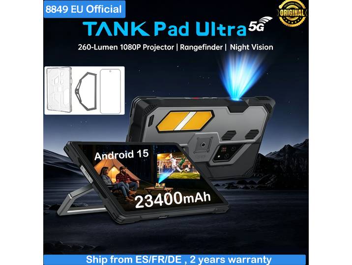 Tablette robuste Unihertz Projector 8849 Tank Pad Ultra, 260 Lumens, 1080P, 23400mAh, 5G, Android 15, Wifi, télémètre laser, 32+512 Go, Dimensity 8200, tablette intelligente, deux cartes SIM