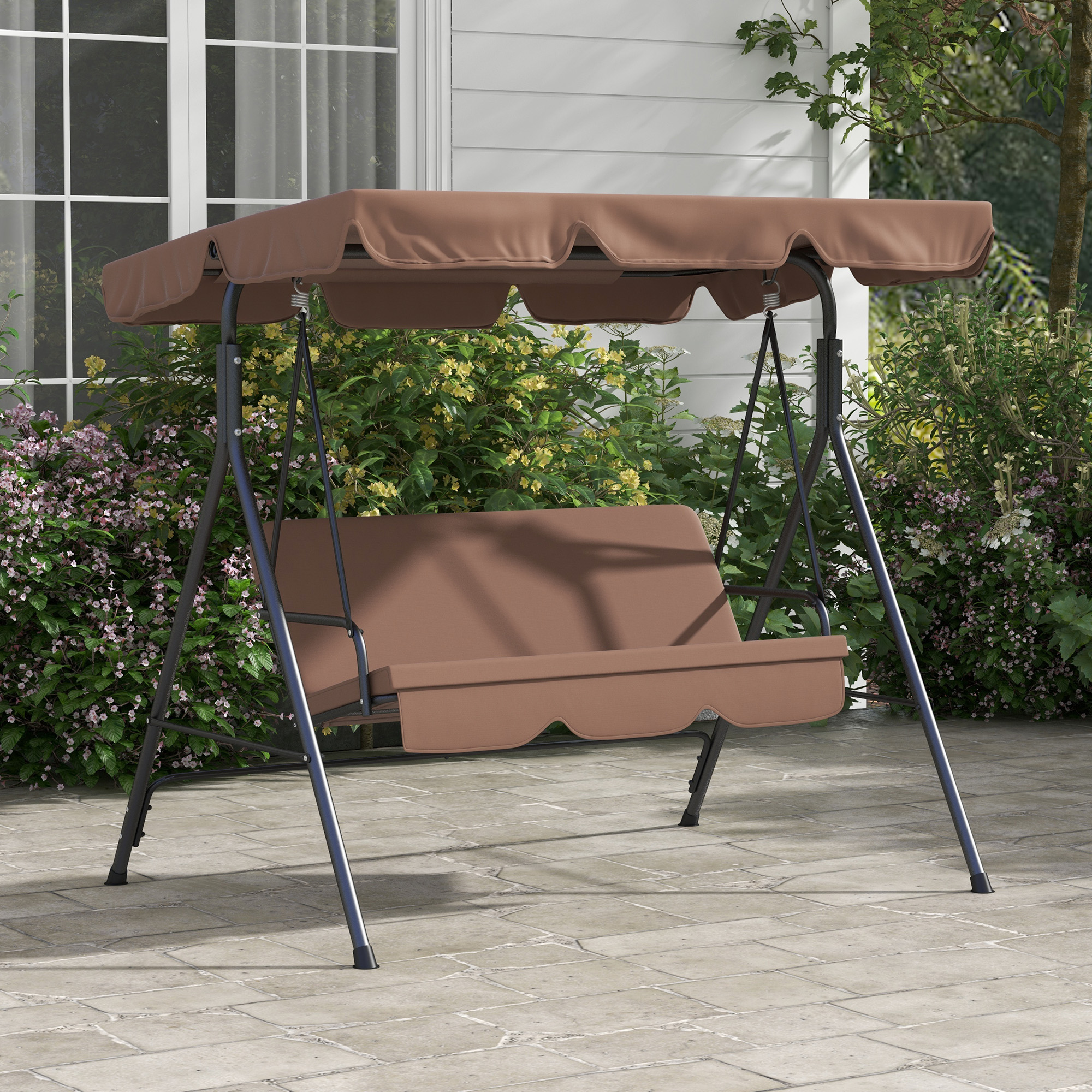 Outsunny Dondolo da Giardino a 3 Posti con Tettuccio Parasole Inclinabile e Cuscini, Dondolo da Esterno, 172x110x153 cm, Marrone e Nero   Aosom Italy