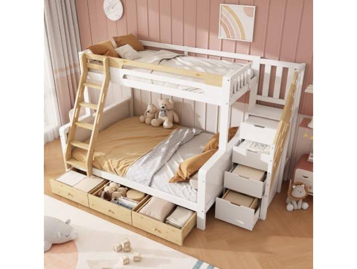 DUlVBPE Etagenbett 90x200/140x200 cm Weiß & Natur, Familien-Stockbett aus Holz mit Stauraumtreppe, Leiter, 3 Bettkästen und Rausfallschutz für Kinderzimmer