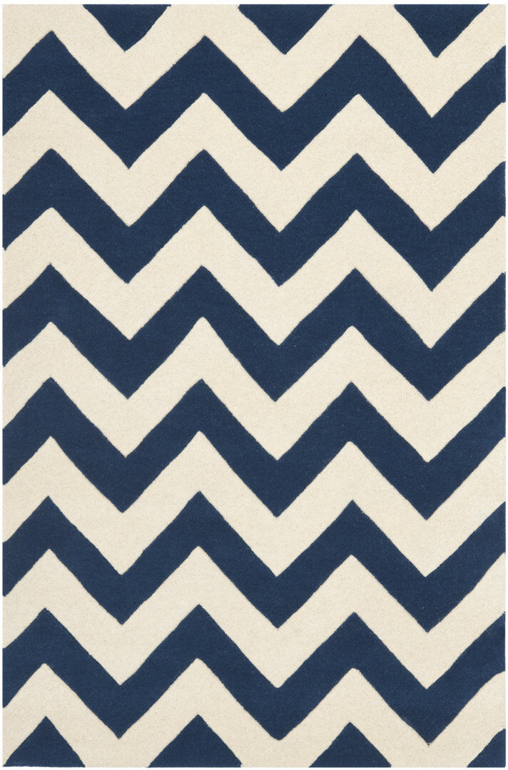 Brayden Studio Terence Chevron Wool Hand Woven Area Rug Dark Blue/Ivory Rectangle 91 x 152cm
