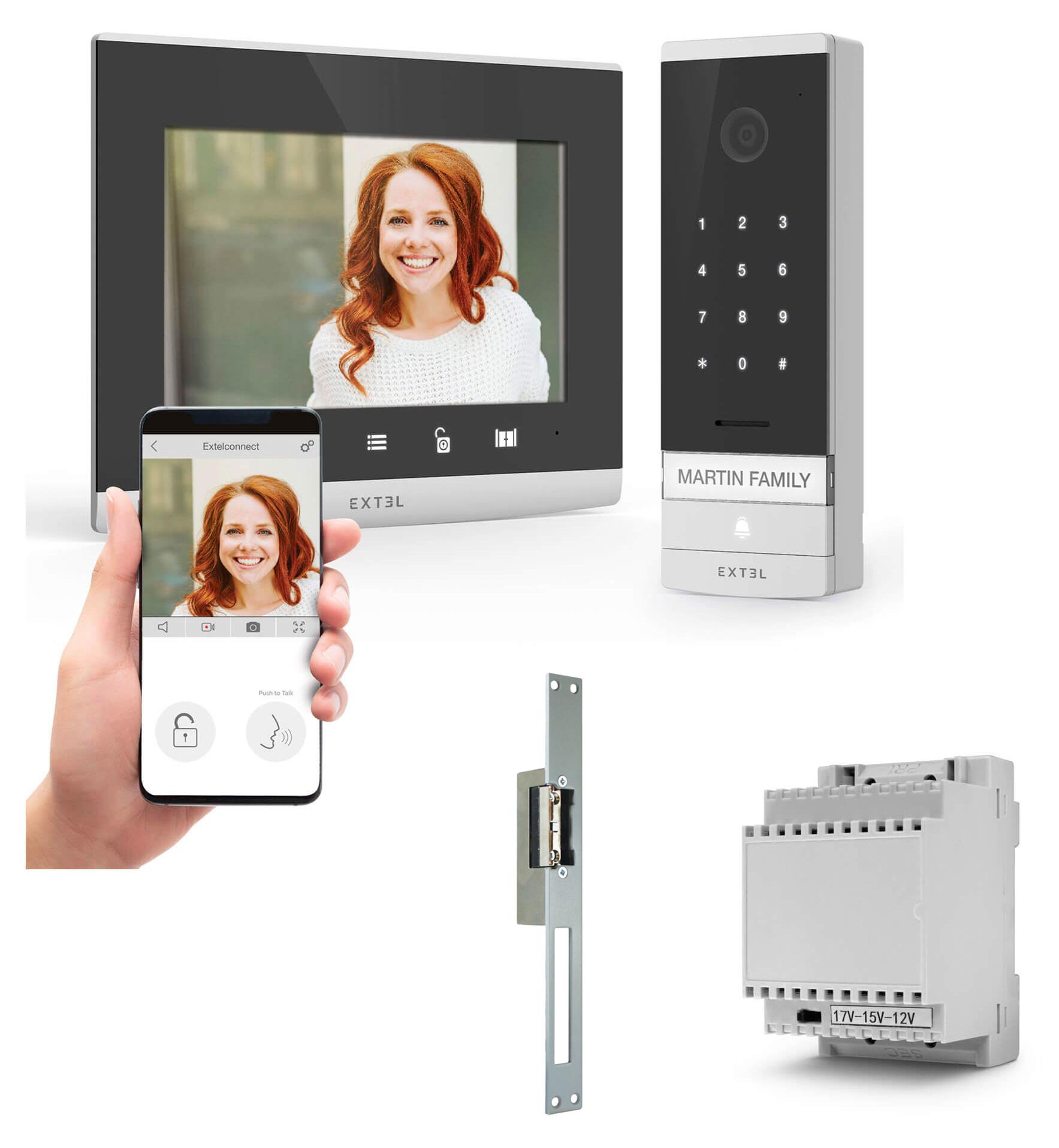 Kit Extel Code Connect für kabelgebundene Gegensprechanlage mit integriertem Digicode, RAIL DIN-Transformator und elektrischem Türöffner