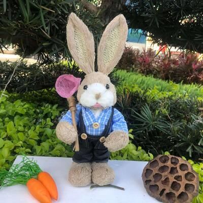 Uplifted Finds Handcrafted Easter Rabbit Decoration Bunny Figure Cattail Ornament white Blue 1 Pc