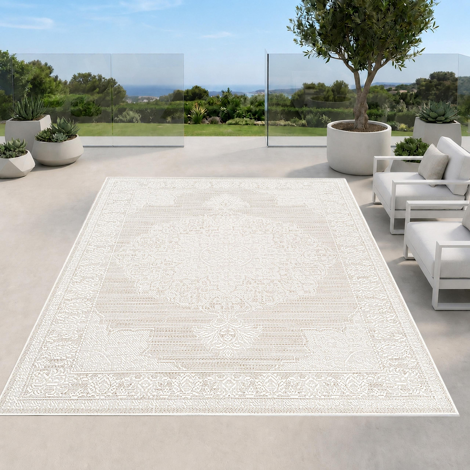 Carpetia Vloerkleed met grafisch vintage design, beige/crèmekleurig, rond, Diameter: 80 cm