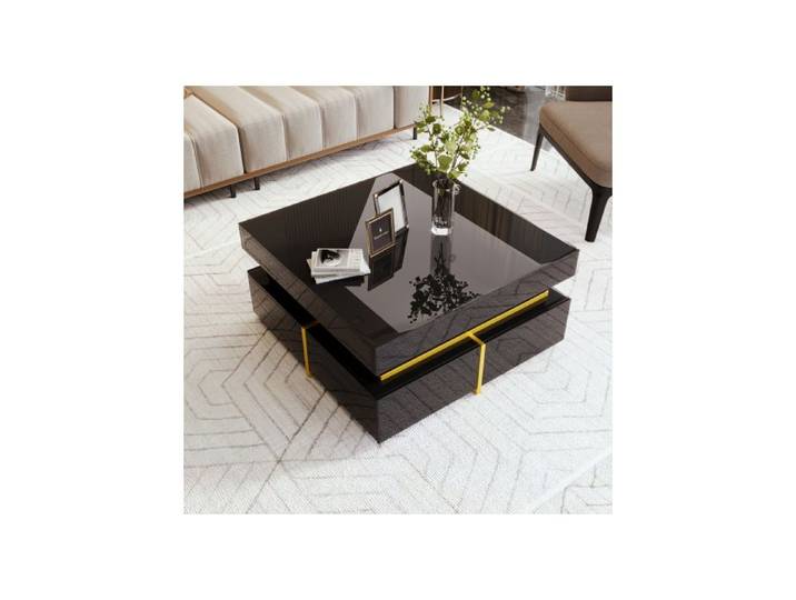 Table basse - MUVOE - Haute brillance - 2 tiroirs - Accents dorés - Design contemporain