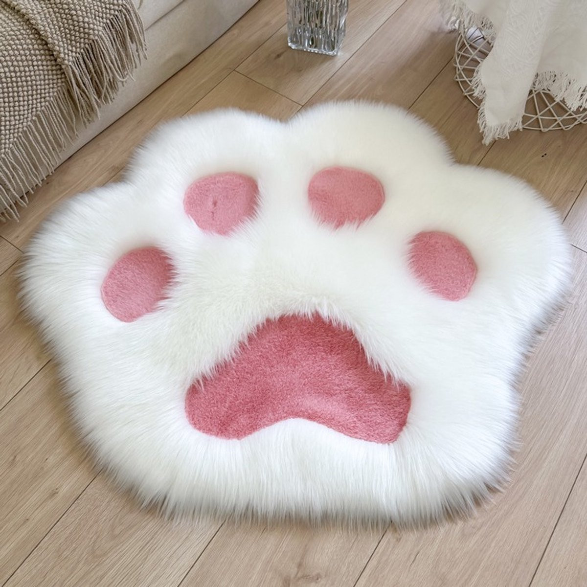 Zacht antislip vloerkleed in de vorm van een dierenpootje, wit en roze, 60 x 60 cm