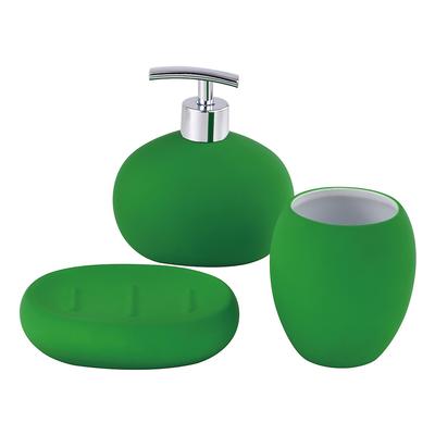 Benetton - 3-teiliges Badezimmerzubehör-Set (Glas + Seifenspender + Seifenschale) aus regenbogengrüner Keramik