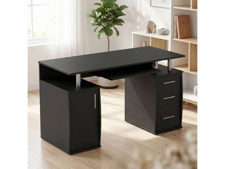 HOMCOM Bureau Informatique 120x55cm 3 Tiroirs Plateau Clavier Noir