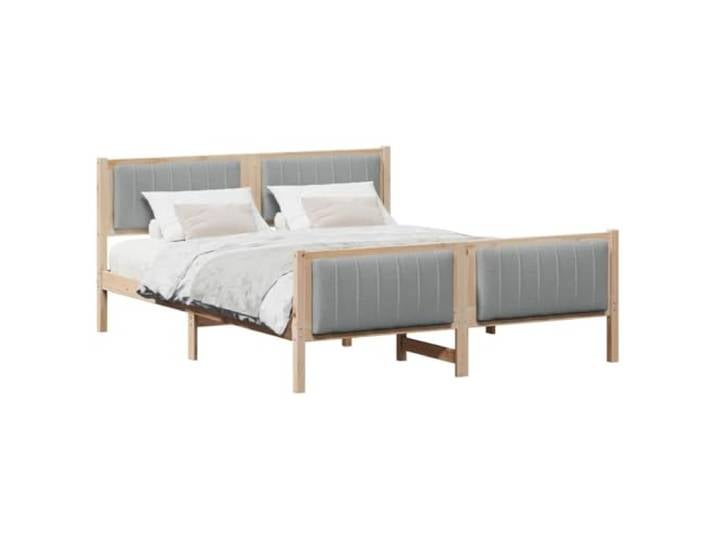 KTHLBRH Bettgestell Braun Hellgrau 150 x 200 cm Massives Kiefernholz, gepolstertes Kopfteil, Plattform, Verwendung im Innenbereich