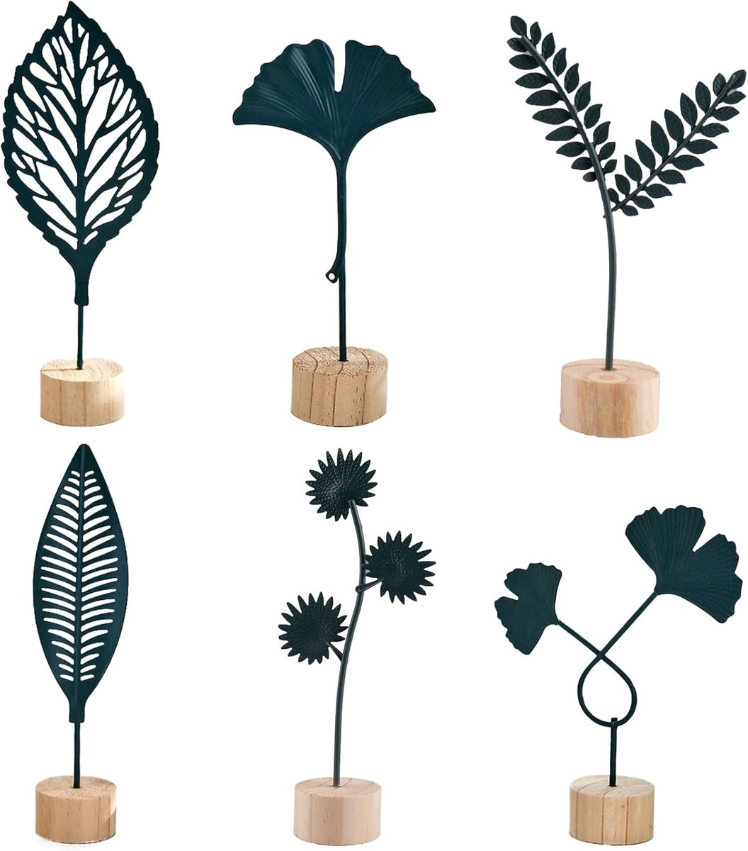 SnelShoppen Scandinavische Metalen Plant Decoratie met Houten Basis - Moderne Tafeldecoratie met Bladvormen