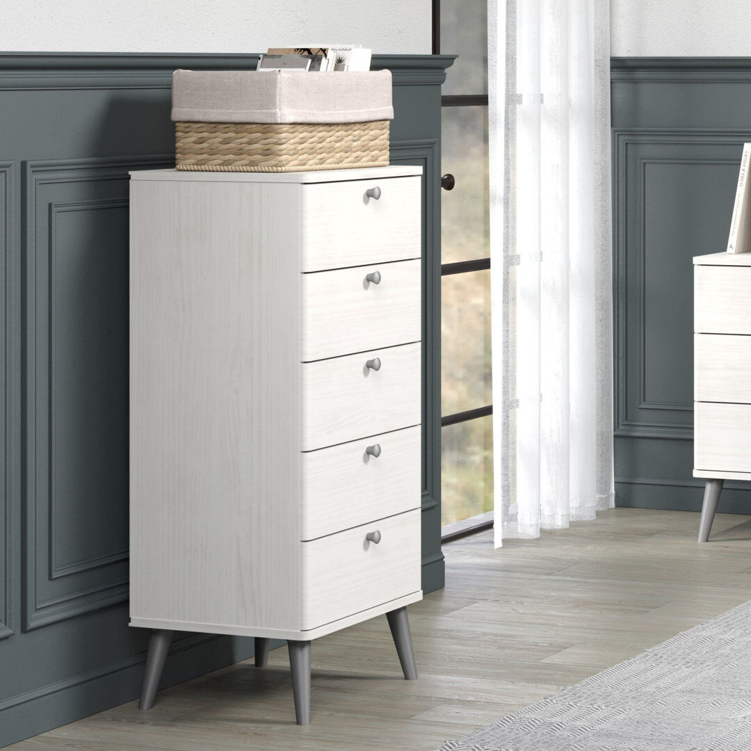 Metro 5 Drawer Narrow Chest, White Wax Finish White 90.3cm H X 45cm W X 39.5cm D