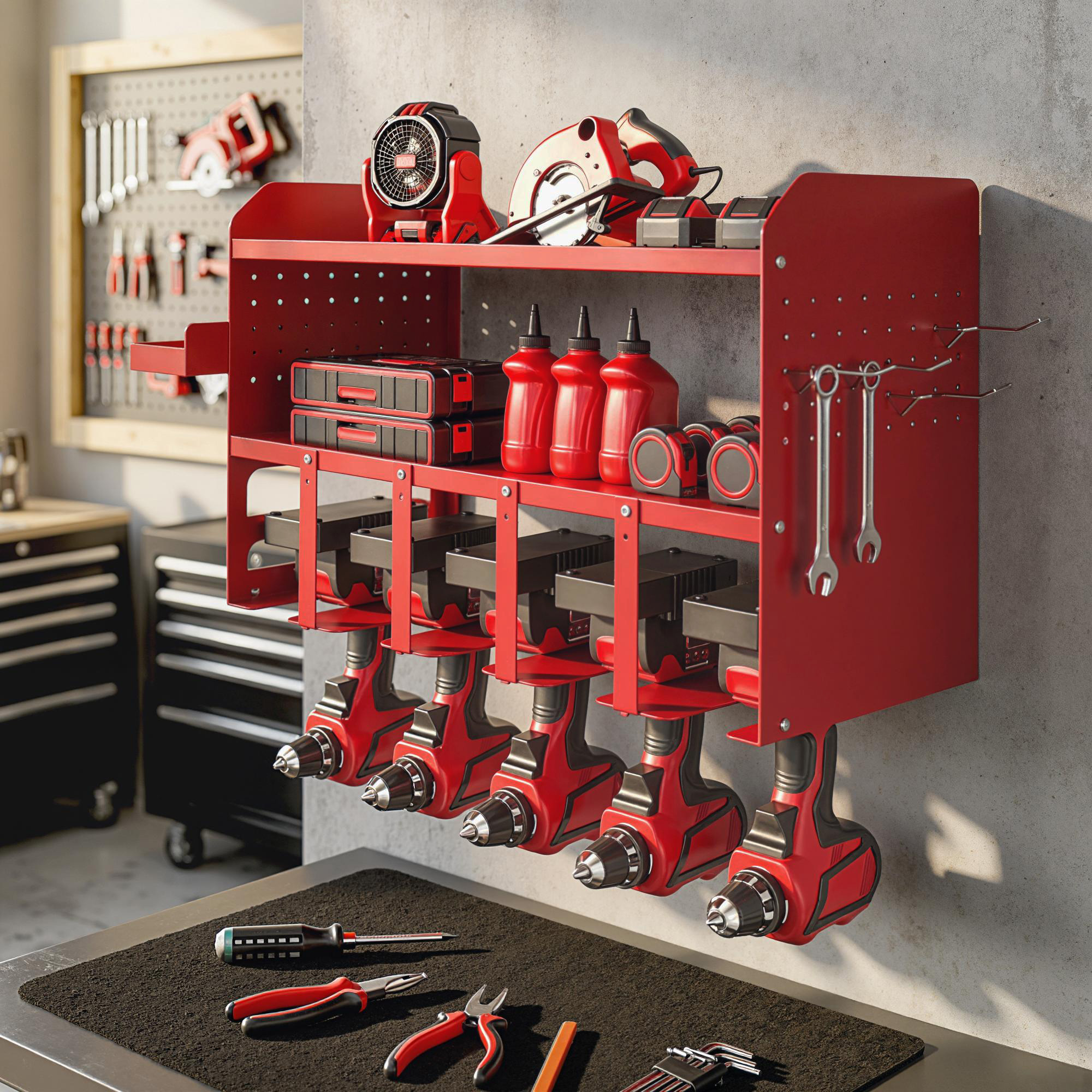 Outsunny Scaffale da Parete a 2 Livelli con Vassoio e Ganci, Organizzatore Attrezzi da Giardino, 61.8x23x32.7 cm, Rosso   Aosom Italy