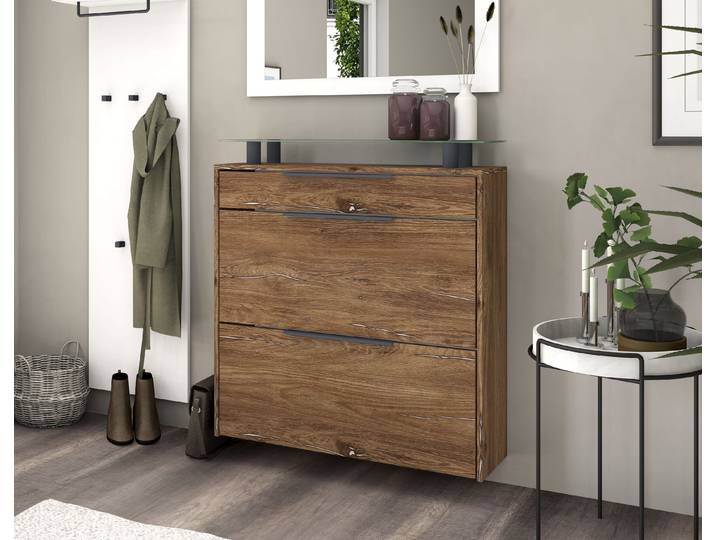 Schuhschrank BORCHARDT MÖBEL Tom, Hängeschrank mit Glasablage und Metallgriffen , braun (eichefarben vintage), B:89cm H:96cm T:24cm, Holzwerkstoff, Schränke, Schuhschrank