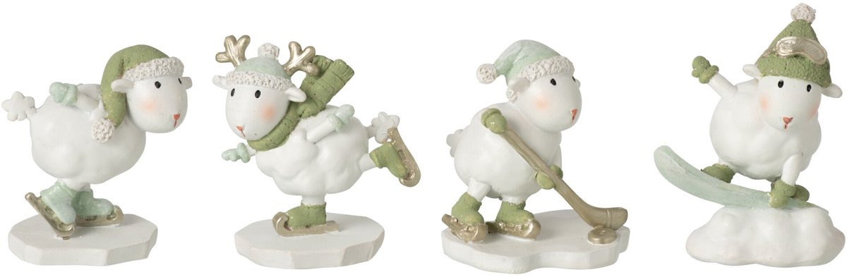 J-Line Schaatsend schaap van steen wit/groen assortiment van 4 voor op tafel