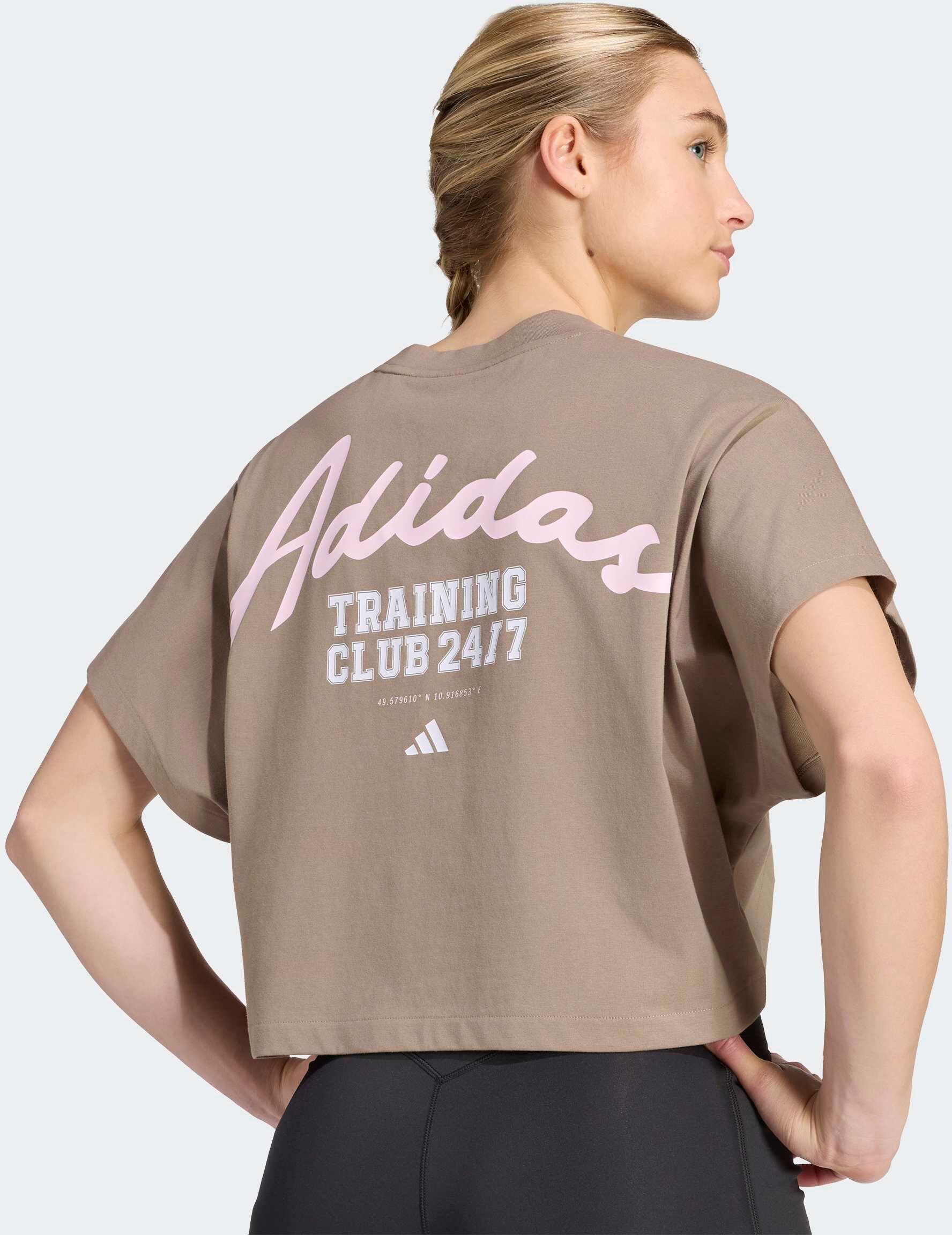 T-Shirt ADIDAS PERFORMANCE "PRIMELIFT WORKOUT GRAFIK", Damen, Gr. XL, braun (khaki six), Obermaterial: 74% Baumwolle, 26% Polyester, Rundhals, Shirts T-Shirt khaki six XL