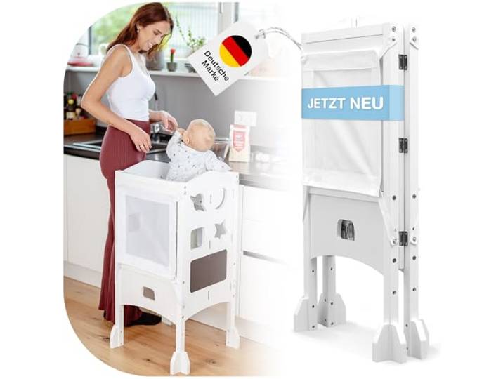 BabybeFun Lernturm ab 1 Jahr - Lernturm klappbar inkl. 360° Sicherheitsnetz - Extra Stabiler und massiver Learning Tower - vormontiert geliefert mit Anti-Kipp-Schutz