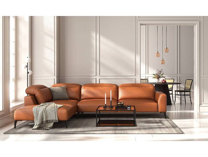 Ecksofa mit Ottomane Braun/Kastanienbraun Echtleder Danbi 325cm Ottomane davorstehend links Modern