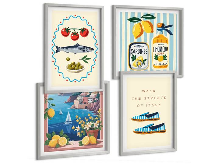 BILDER SET 4er Set - 50x50 cm & 40x60 cm Silberner Rahmen - Italienische Aromen, farbenfrohe Bilder