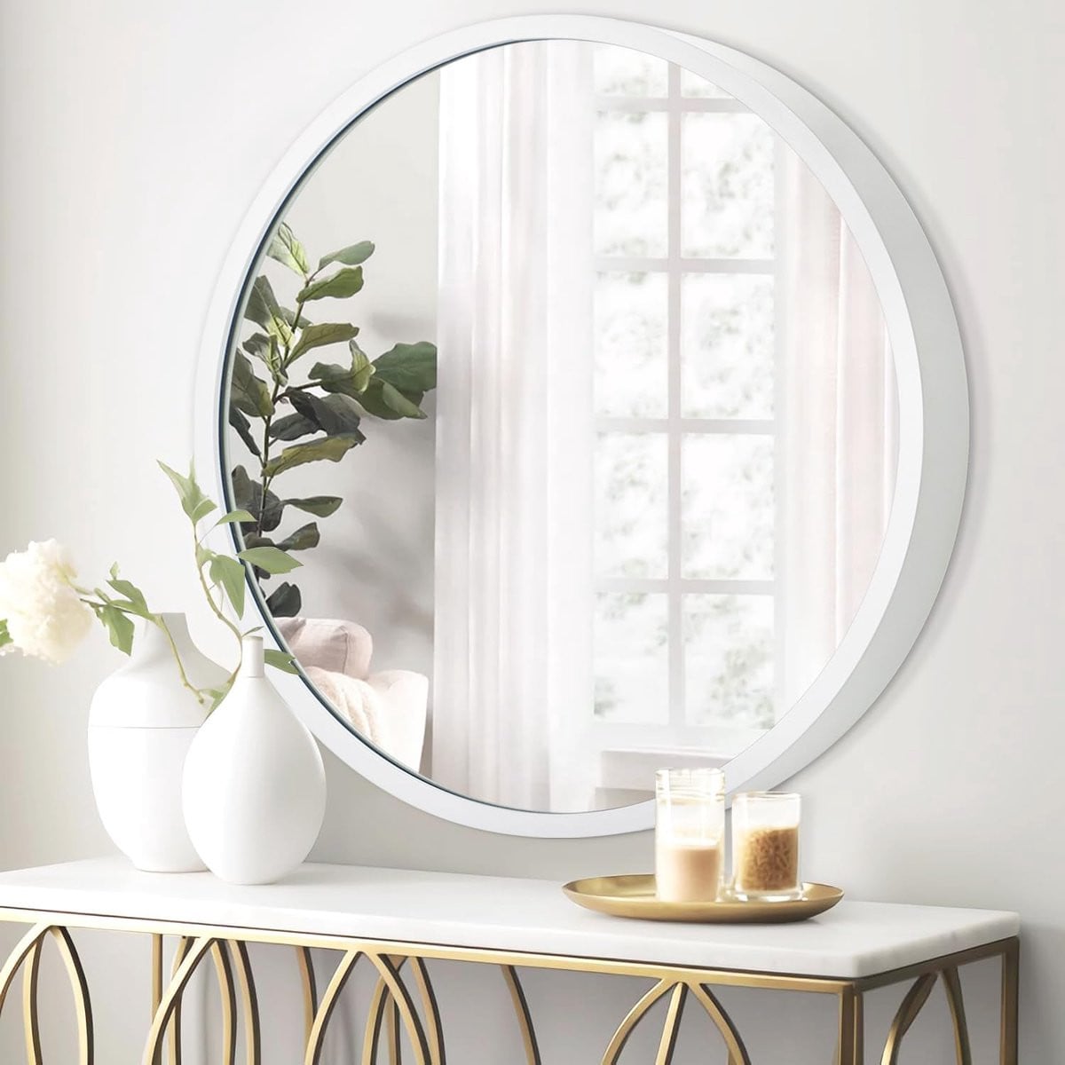JJUUYOU Cirkel Wandspiegel Wit - Ronde Wandspiegel voor Badkamer en Wasruimte