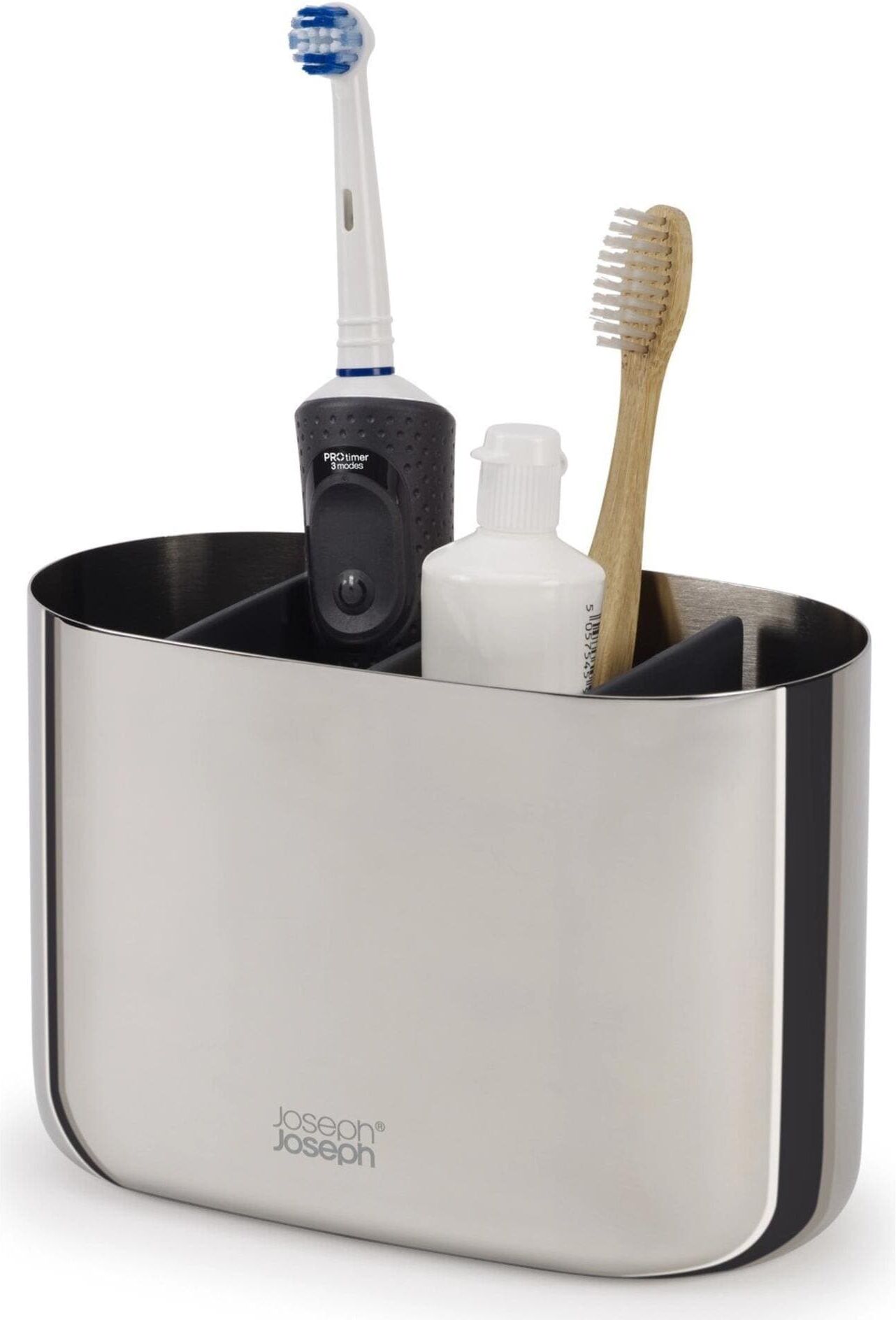 Zahnbürstenhalter JOSEPH JOSEPH "EasyStore Luxe", silber (edelstahlfarben), B:17,5cm H:11,68cm L:9,4cm, Edelstahl, Zahnputzbecher, Zahnbürstenhalter, grosser Zahnbürstenhalter aus Edelstahl edelstahlfarben Einheitsgröße