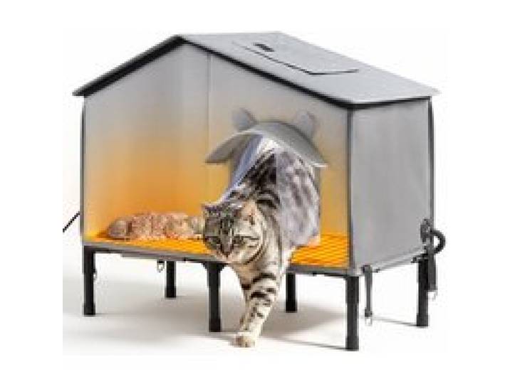 VEVOR Katzenhaus 34 W Katzenhöhle mit Heizmatte 600x310x580 mm Isoliert, Katzenmöbel für Outdoor Winterfest, Platz für 2-3 Katzen, mit Erhöhtem Ständer, Doppeltür & Sichtschutzvorhang, 35–45 °C