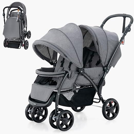 Faltbarer Doppelkinderwagen für Zwillinge, Kinderwagen 2-Sitzer mit verstellbarer Rückenlehne, Mobiler Geschwisterwagen mit Bremsen, Belastung 15 + 15 kg (Grau)