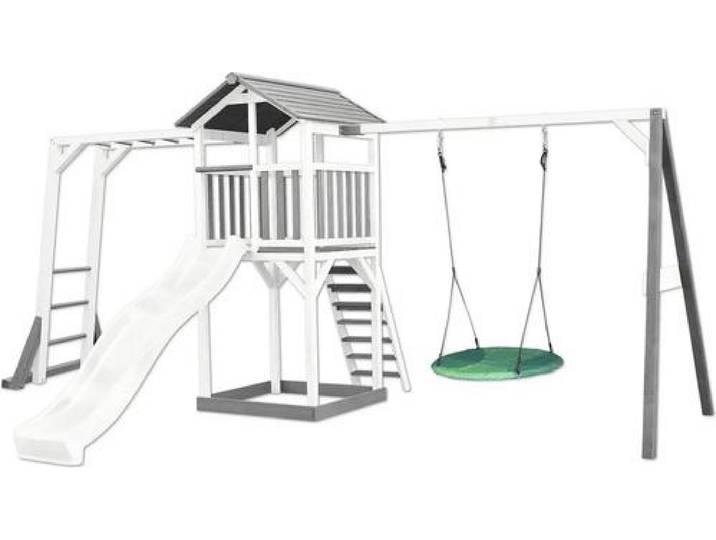 AXI Beach Tower Spielturm aus Holz in Weiß & Grau Spielhaus für Kinder mit weißer Rutsche, Klettergerüst, Nestschaukel und Sandkasten Stelzenhaus