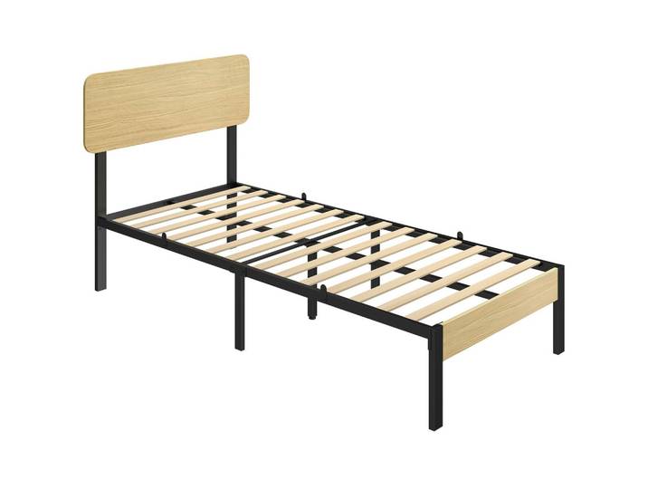BETTGESTELL Metall Spanplatte Naturholz Schwarz Naturholz