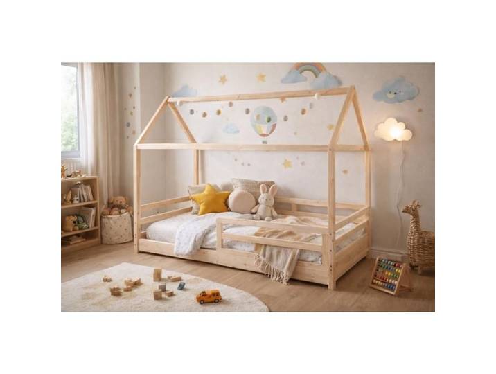 WEB2O Lit Cabane en Bois de Pin Naturel pour Enfant 90x190 cm Style Montessori avec Barrières de Sécurité Design Maison Tente