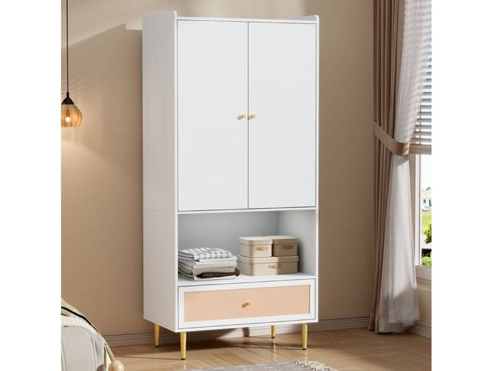 VUENOR Armoire 2 portes 80x48x175 cm blanc – tiroir rotin penderie