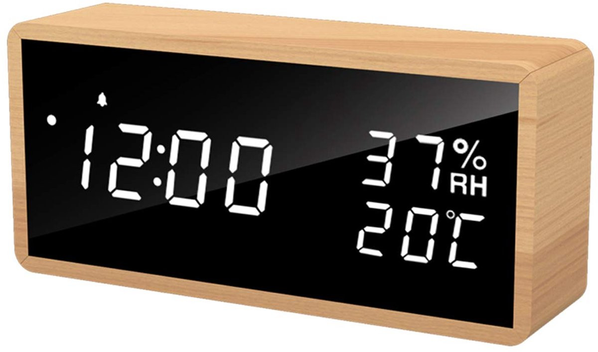 Longziming LED Wekker met Houtdesign - Digitale Bureauklok met Temperatuurweergave en 3 Alarmen
