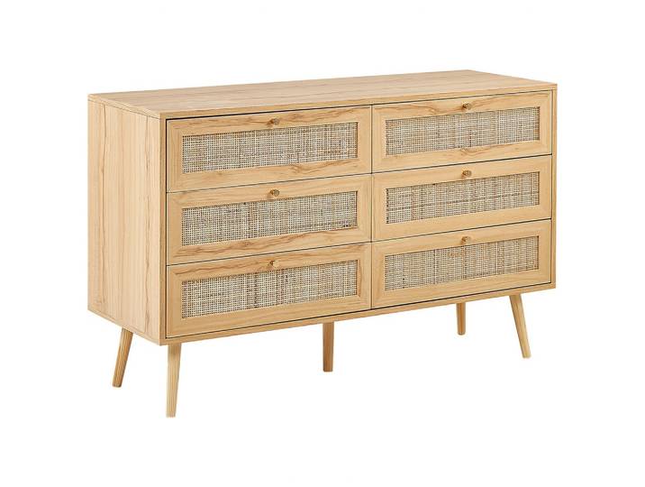KOMMODE 6 Schubladen Rattan Helles Holz Perote