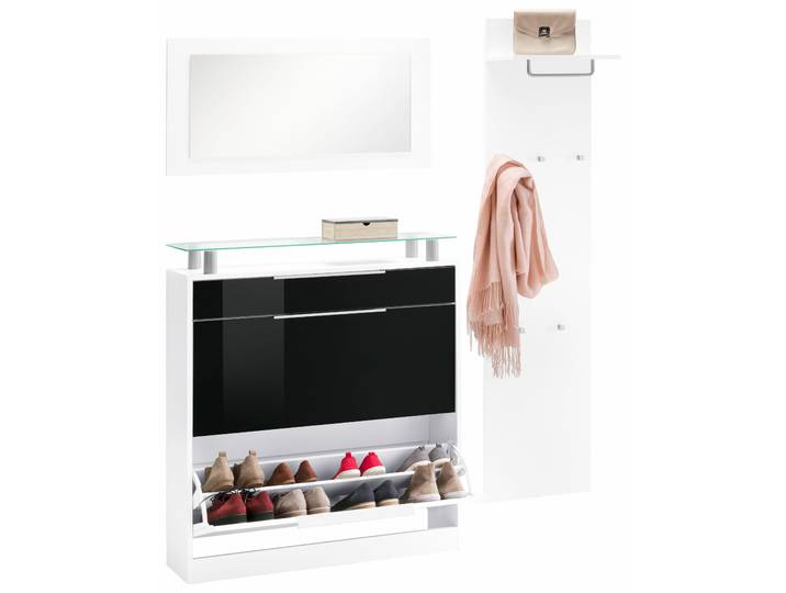 Garderoben-Set BORCHARDT MÖBEL Oliva , schwarz (weiß matt, schwarz hochglanz), Kastenmöbel-Sets, Garderoben-Set, (3-tlg), mit stehendem Schuhschrank, Paneel und Spiegel