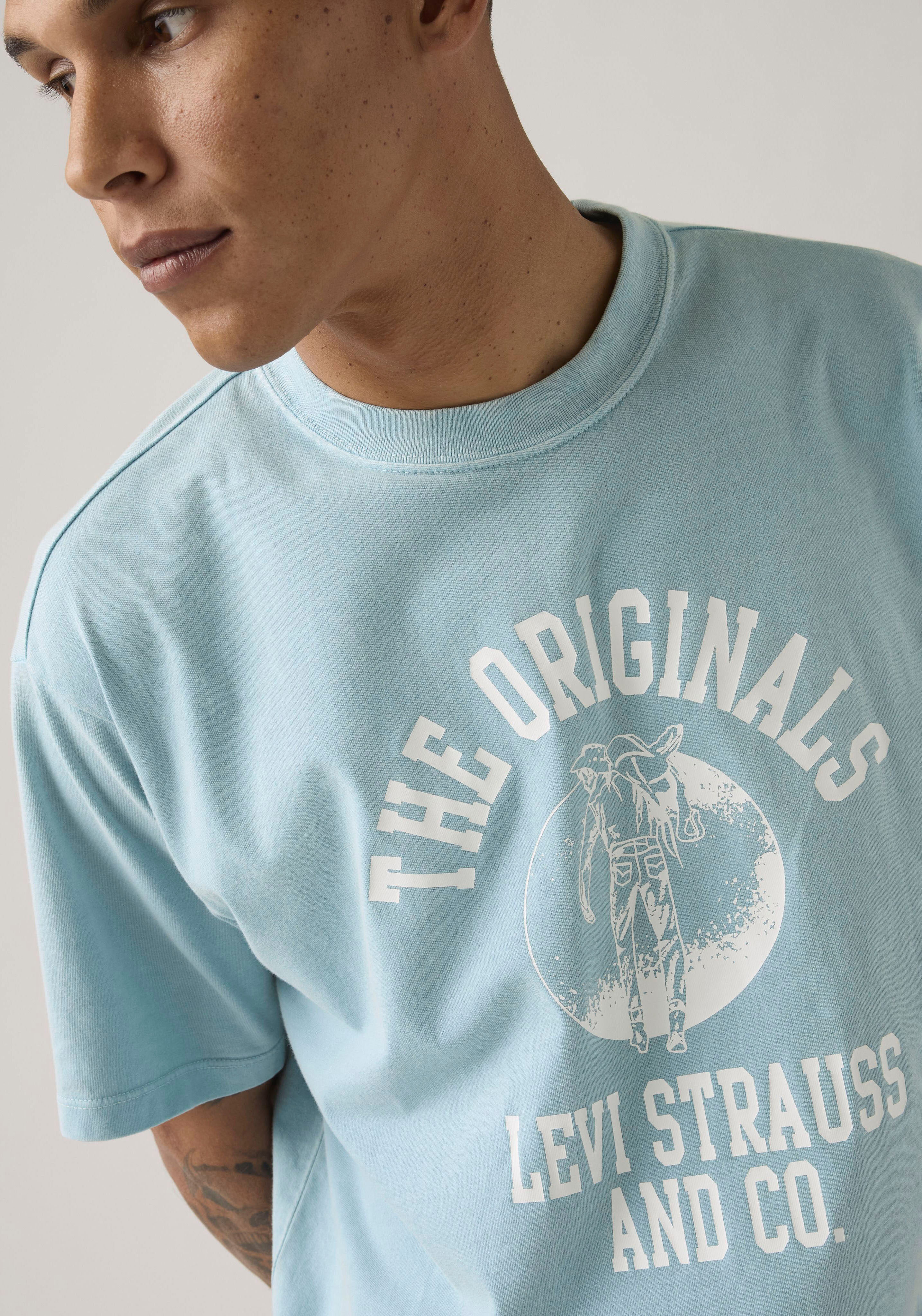 T-Shirt LEVI'S "VINTAGE FIT GRAPHIC TEE", Herren, Gr. S, blau (the originals 4 forget me not), Jersey, Obermaterial: 100% Baumwolle, normal hüftbedeckend, Rundhals, Shirts T-Shirt, mit Logo-Print the originals 4 forget me not S