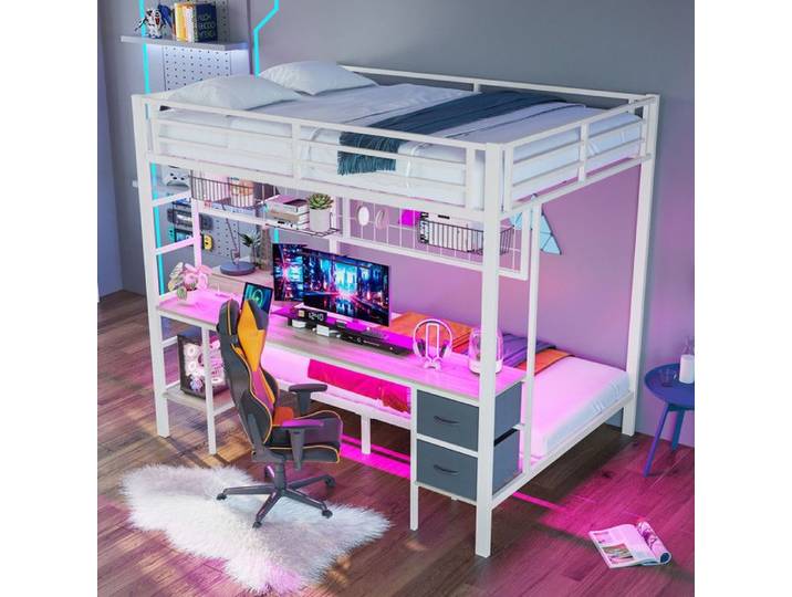 Lit Mezzanine - 90/140x200cm - LED RGB - Ports USB - Bureau Intégré - Blanc Moderne